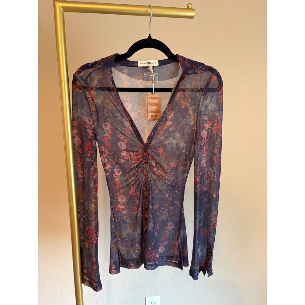 Natural Life Women's NWT Floral Mesh Ruched Top Size S Y2K Fairy Whimsigoth